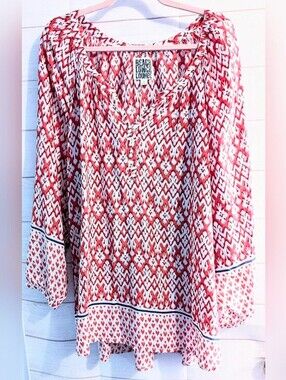 Beach Lunch Lounge Red and White Printed Boho Tunic Plus Size 3X